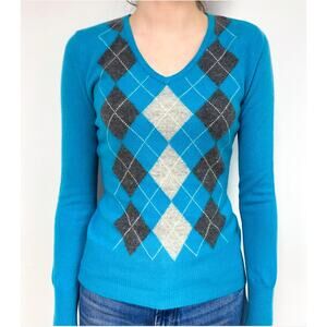 Apt 9 100% Cashmere Blue Argyle Sweater Women’s Medium Soft Luxe Knit